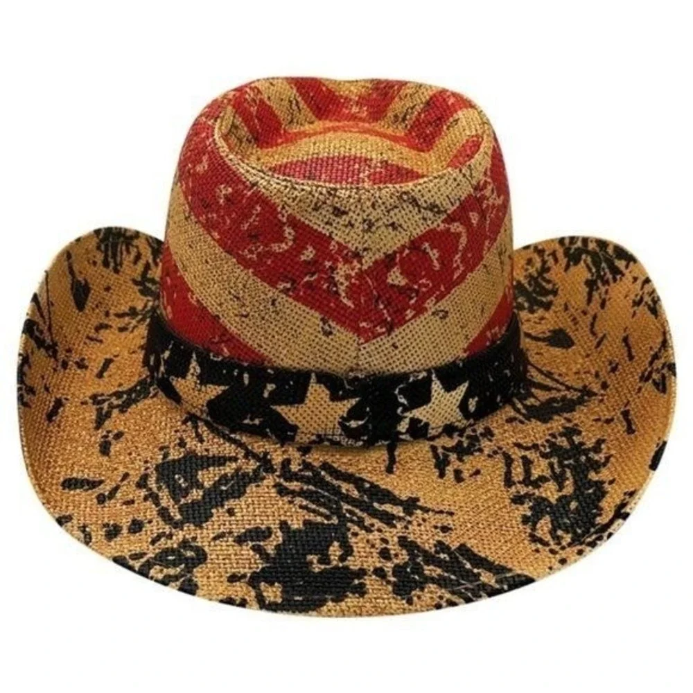 Tea Stained Paper Straw American Flag Fashion Cowboy Hat Vintage Look OS NWT
